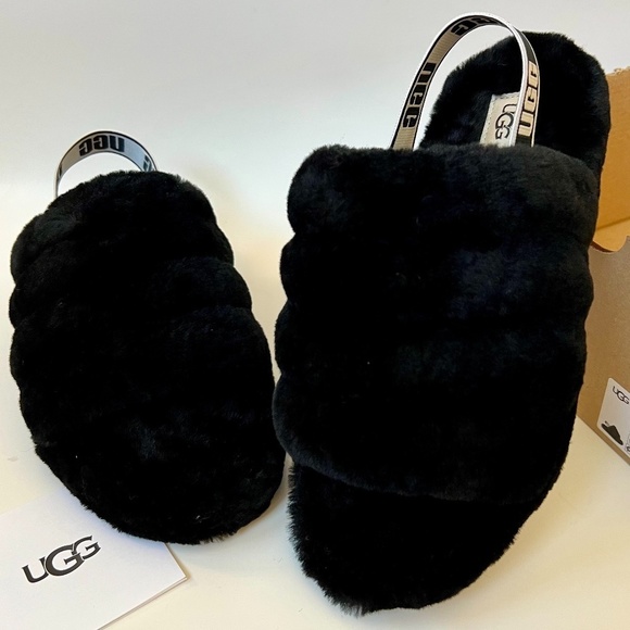 UGG Shoes - NEW UGG Fluff Yeah Black Real Lamb Fur Slingback Cozy Slider Sandal Slippers 6